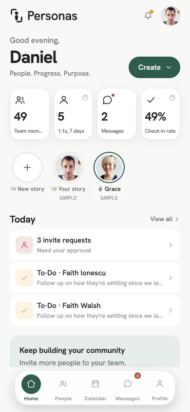 The Personas home screen for a business: team members, 1:1s in the last 7 days, messages and check-in rate.