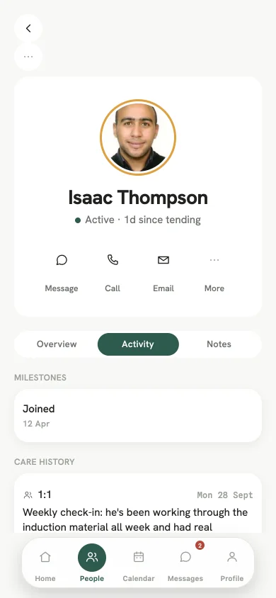 A team member's profile with Message, Call and Email.