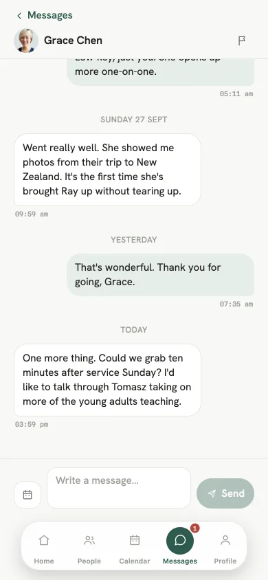 A message thread between a leader and the pastor.