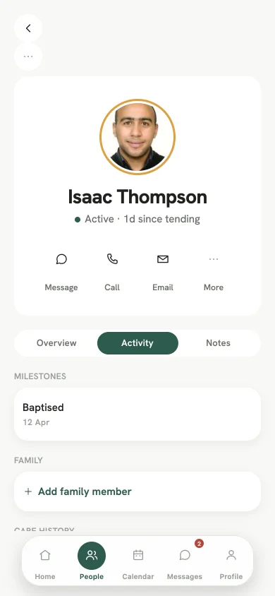 A member's profile with Message, Call and Email.