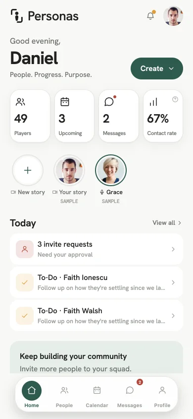 The Personas home screen for a sports club: players, upcoming, messages and contact rate, and today's list.