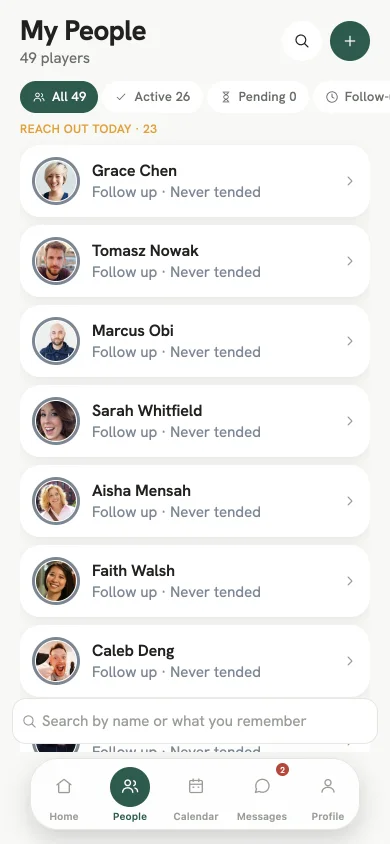 The list of players, with a Reach out today list.