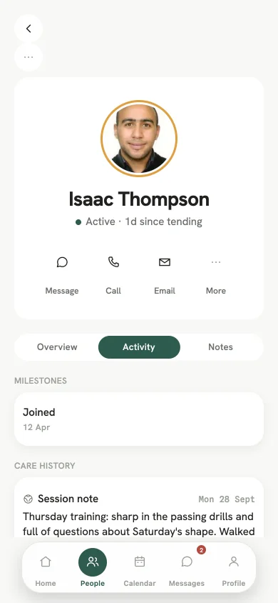 A player's profile with Message, Call and Email.