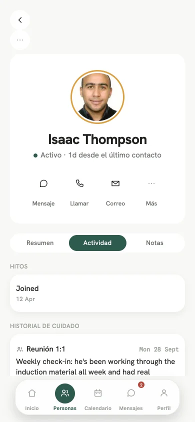 El perfil de un integrante con Mensaje, Llamar y Correo.