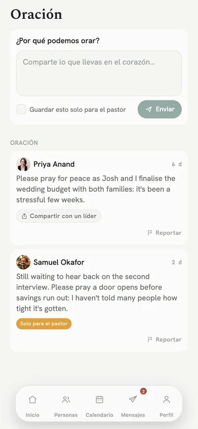 Peticiones de oración, con Compartir con un líder y Reportar.