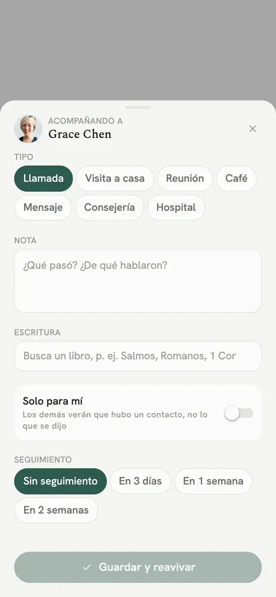 Acompañando a una persona: el tipo de contacto, una nota, un versículo, solo para mí y un seguimiento.
